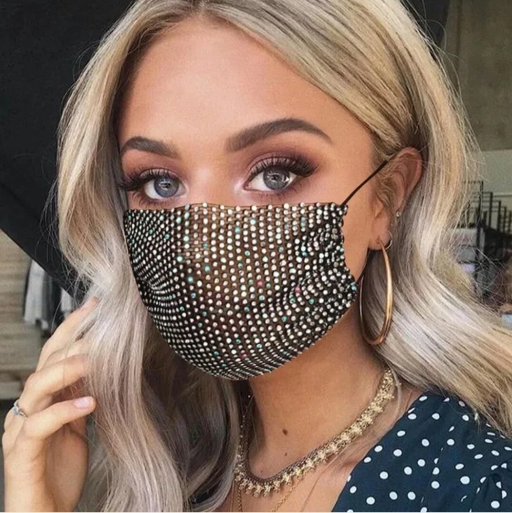Stylish Black Face Mask with Rhinestone Detail - New
